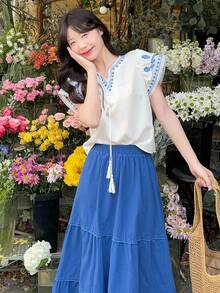 DAZY 女士V领韩版度假衬衫半裙两件套 - 藍白色 - 查看 5