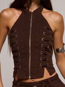 MUSERA 高领镂空系带修身长款牛仔上衣，春夏性感约会夜店节日假日外出度假必备单品 - 巧克力棕 - 查看 6