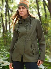 In My Nature Women's Letter Print Long Sleeve Drawstring Hooded Outdoor Raincoat Jacket - Army Green - View 1