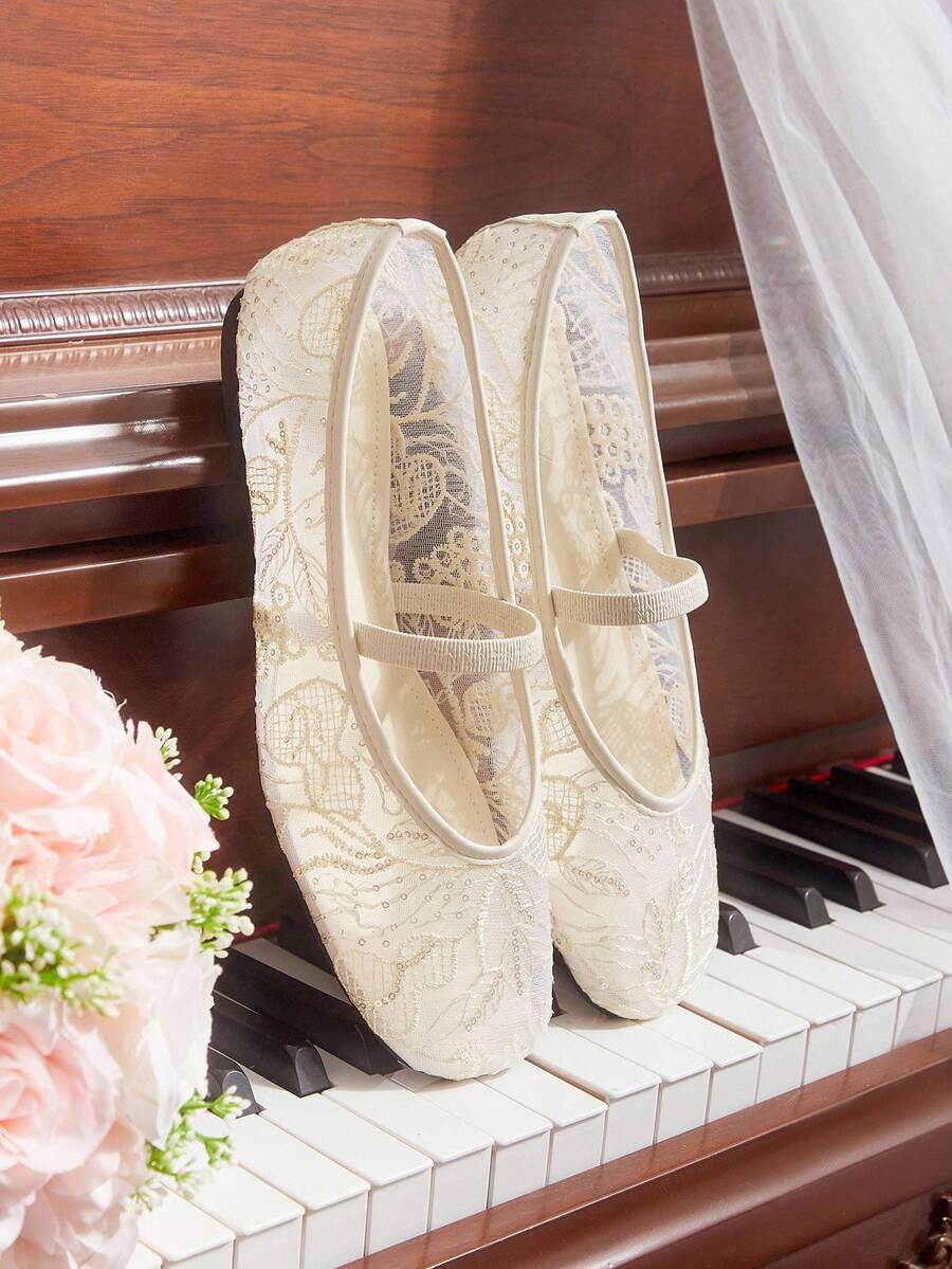 CUCCOO HITCHD 米色网布花朵方头舒适柔软简约通勤女式平底鞋 - 糯米白色 - 查看 1