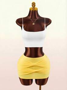 Amplova Pantalones con falda de cintura elástica y diseño de torsión de unicolor para mujer - Amarillo - Ver 4