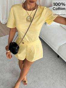 Siren Gaze 女士休闲简约设计圆领短袖两件套，夏季 - 黃色 - 查看 6