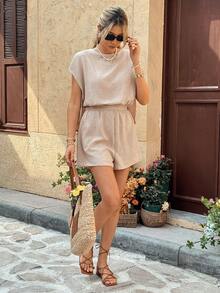 SHEIN Frenchy 女士度假休闲纯色露背连体裤 - 杏色 - 查看 6