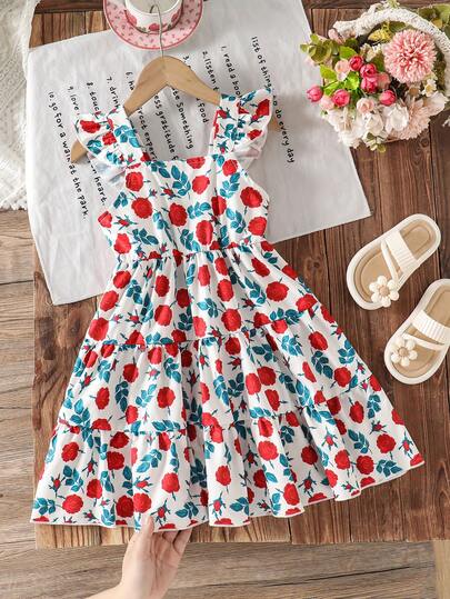 SHEIN Vestido de niña con estampado de rosas, tirantes finos y volantes en el bajo, estilo campestre de vacaciones, primavera/verano