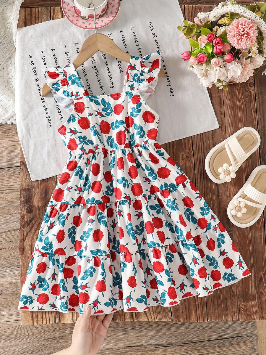 SHEIN Genkimix Kids Vestido de niña con estampado de rosas, tirantes finos y volantes en el bajo, estilo campestre de vacaciones, primavera/verano - Multicolor - Ver 1