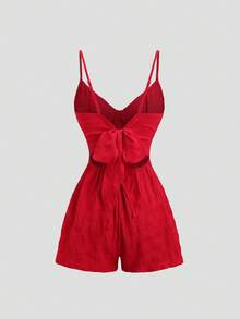 Breezaya 女士夏季新款无袖束腰纯色连体裤，复古乡村风格，后背饰有可爱蝴蝶结 - 紅色 - 查看 2