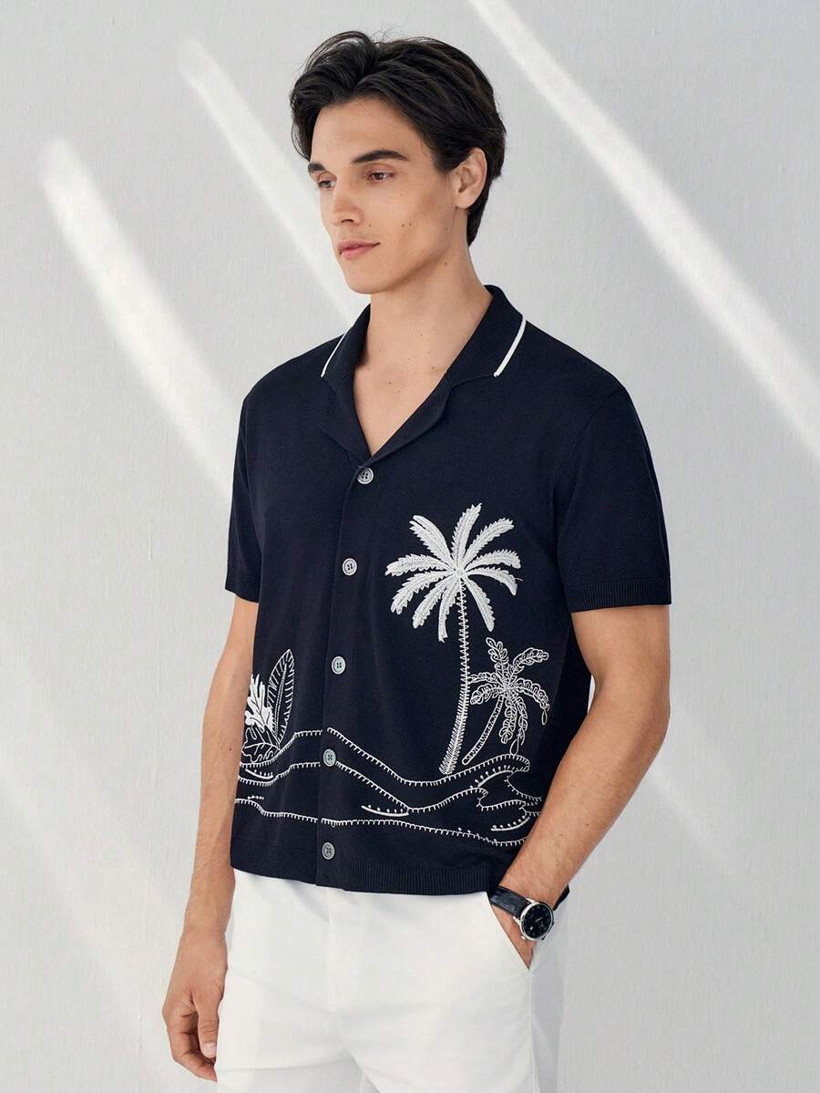 RONVEXI Men's Short Sleeve Knit Top With Palm Tree Print - Multicolor - View 1