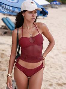 Swim Vcay Bikini de verano de unicolor con tirantes de espagueti desmontables - Burdeos - Ver 4