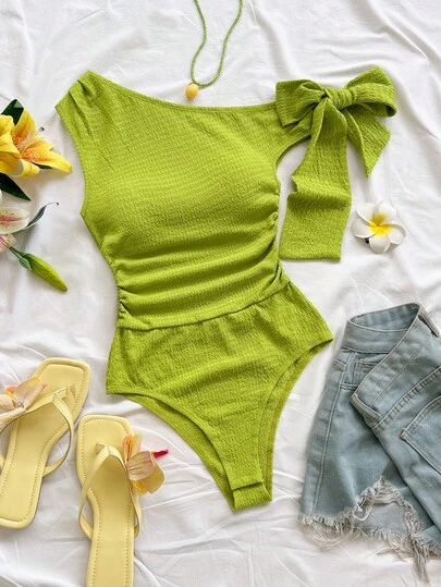 Soleia Spring/Summer New Casual Vacation Western Beach Wedding Guest Attire Graduation Brunch St. Patrick's Day Spring Break Easter Music Festival Elegant Bohemian Tropical Chic Asymmetrical Shoulder Tie-Up White Knit Texture Ruched Women Bodysuit