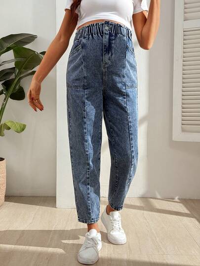 SHEIN Maternity High Waist Elastic Comfortable Jeans, 7/8 Length Slim Fit Casual Pants, Suitable For Daily Wear And Vacation