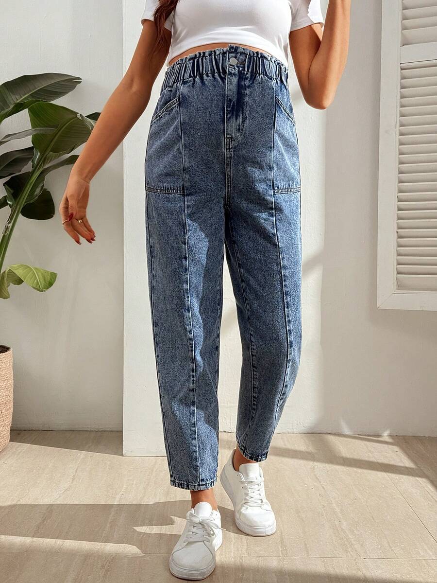 SHEIN 孕妇高腰弹力舒适牛仔裤，七分裤长修身休闲裤，适合日常穿着和度假 - 中等水洗藍 - 查看 1