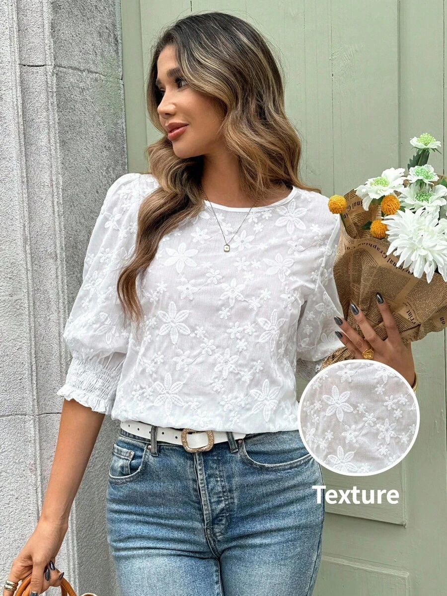 SHEIN Clasi Women's Round Neck 3/4 Sleeve Embroidered White Cotton Casual Shirt For Spring/Summer - White - View 1