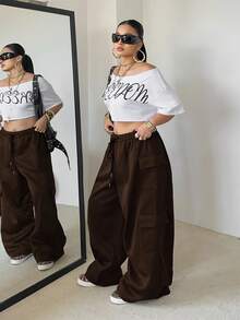 POPSWAY Plus Size Women's Solid Color Drawstring Waist Wide Leg Fleece Sweatpants - Coffee Brown - View 3