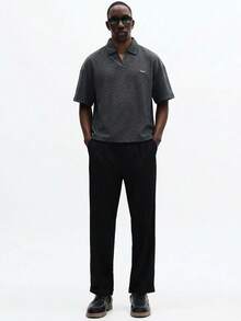 SUMWON Relaxed Herringbone Collared Short Sleeve Casual Polo Shirt For Weekend Wear Spring Summer Plain - Black - View 3