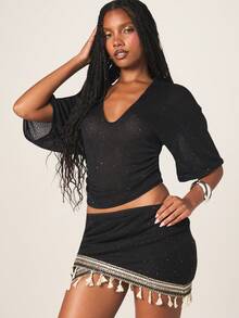 MISSGUIDED Sparkly Mini Wrap Skirt With Tassel Fringe Hem Detail Sequin Embellished Party Club Night Out Bodycon Fitted Festival - Black - View 2