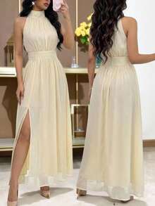 Feyla Vestido largo de fiesta elegante de mujer con cuello halter, diseño de abertura y cintura ceñida en unicolor - Amarillo - Ver 7