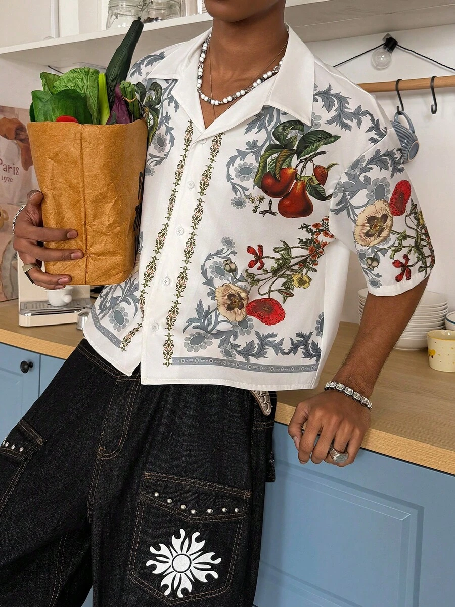 STEELVANCE 男士印花短袖单排扣休闲衬衫 - 彩色 - 查看 1