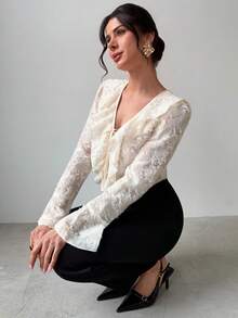 Firerie Blouse évasée à manches évasées avec col Mao, garniture à volants et texture jacquard pour femmes, style vintage élégant, couleur abricot - Nude - Voir 8
