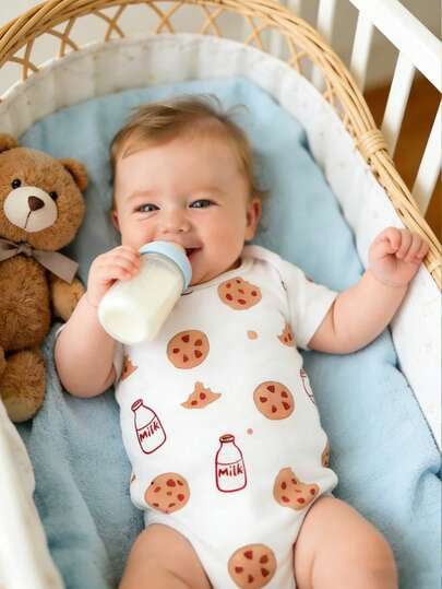 SHEIN Pelele de manga corta con cuello redondo y estampado de comida de dibujos animados para bebé niño