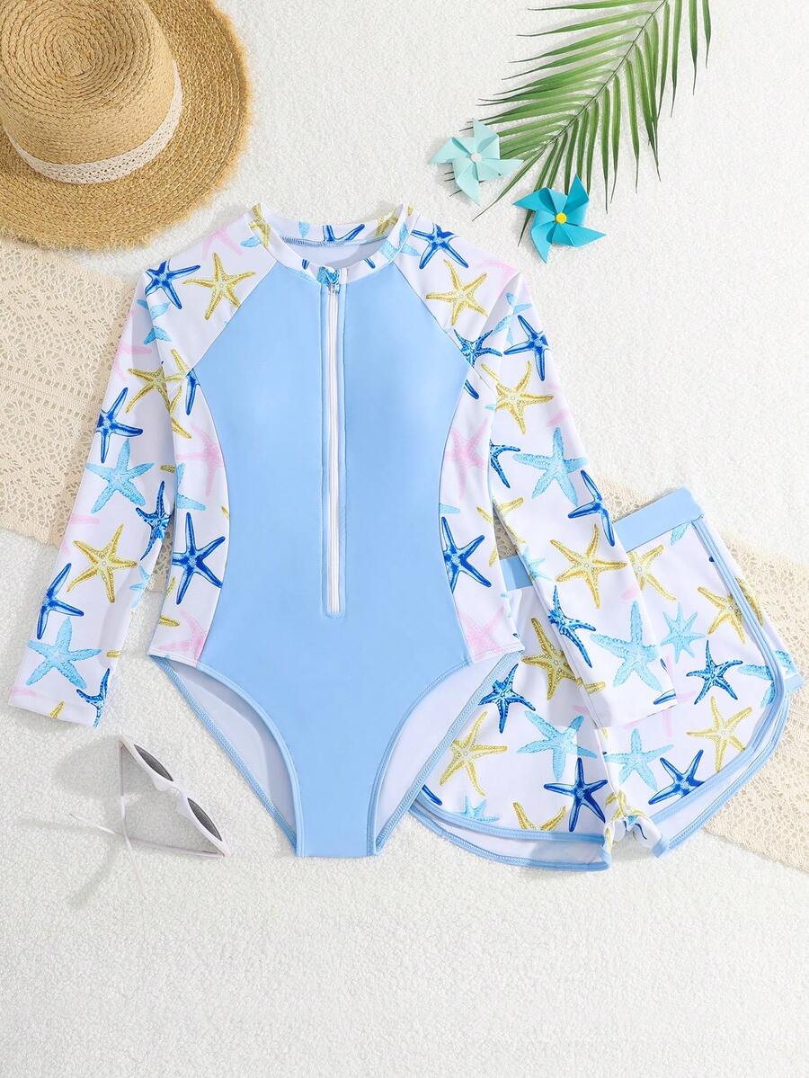 SHEIN 少女海星印花拉链连体泳衣,适合度假、游泳池、夏季假日派对、休闲海滩穿着。少女泳衣套装,少女全包覆泳衣,少女泳衣,少女泳衣,女士夏季泳装,少女泳衣,保守款泳衣,少女长袖泳衣,拉链泳衣,少女长袖泳衣,长袖防晒泳裤,女士夏季两件套泳衣。 - 藍色 - 查看 1