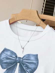 Tween Girls Cute Butterfly Print Short Sleeve T-Shirt, Ruched Waist Slim Fit White All-Match Versatile Top - Multicolor - View 4