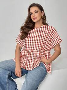 SHEIN Essnce Blusa holgada y cómoda de cuadros en blanco y negro de manga corta, estilo casual y diario para mujer de talla grande, blusas de mujer, atuendos de verano para mujer, atuendos para brunch, minimalista, blusas lindas, estilo de dinero viejo para mujer, atuendos de vacaciones para mujer - Multicolor - Ver 2