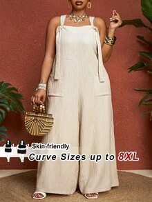 SHEIN CURVE+ 大码女式春夏新款度假系带连体裤，带口袋，纹理面料 - 杏色 - 查看 7