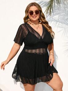 SHEIN CURVE+ Bộ đồ bơi 3 mảnh Tankini vải đen cỡ lớn dành cho nữ, thích hợp đi biển và nghỉ dưỡng. - màu đen - Xem 6