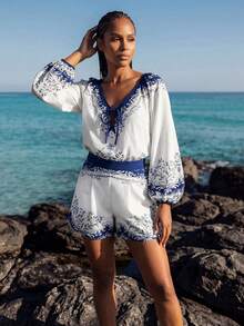 CAJUNI Blue And White Shorts With A Delicate Print, Summer Casual Vacation - Blue and White - View 3