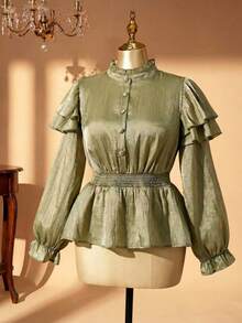 DreamSkyne Blusa de manga larga con cuello con volantes, abotonadura frontal, cintura ceñida y bajo con volantes, estilo elegante francés, apropiada para primavera/otoño, vuelta al colegio, vacaciones, graduación, días festivos, San Valentín, Navidad, festivales de música, Día de la Madre, Halloween, Acción de Gracias, Pascua, Día Nacional, bailes, citas, fiestas, bodas, salidas - Verde - Ver 3
