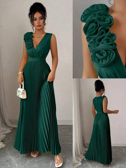 Elenzga Summer V-Neck Crossover Cinched Waist Dress With 3D Floral Applique, French Elegant A-Line Dress With Pleated Details, Olive Green