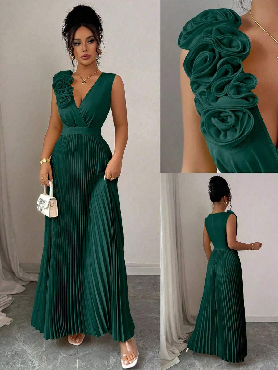 Elenzga Đầm mùa hè cổ chữ V, dáng chữ A thanh lịch kiểu Pháp với chi tiết xếp ly, màu xanh ô liu. - Màu xanh lá cây đậm - Xem 1