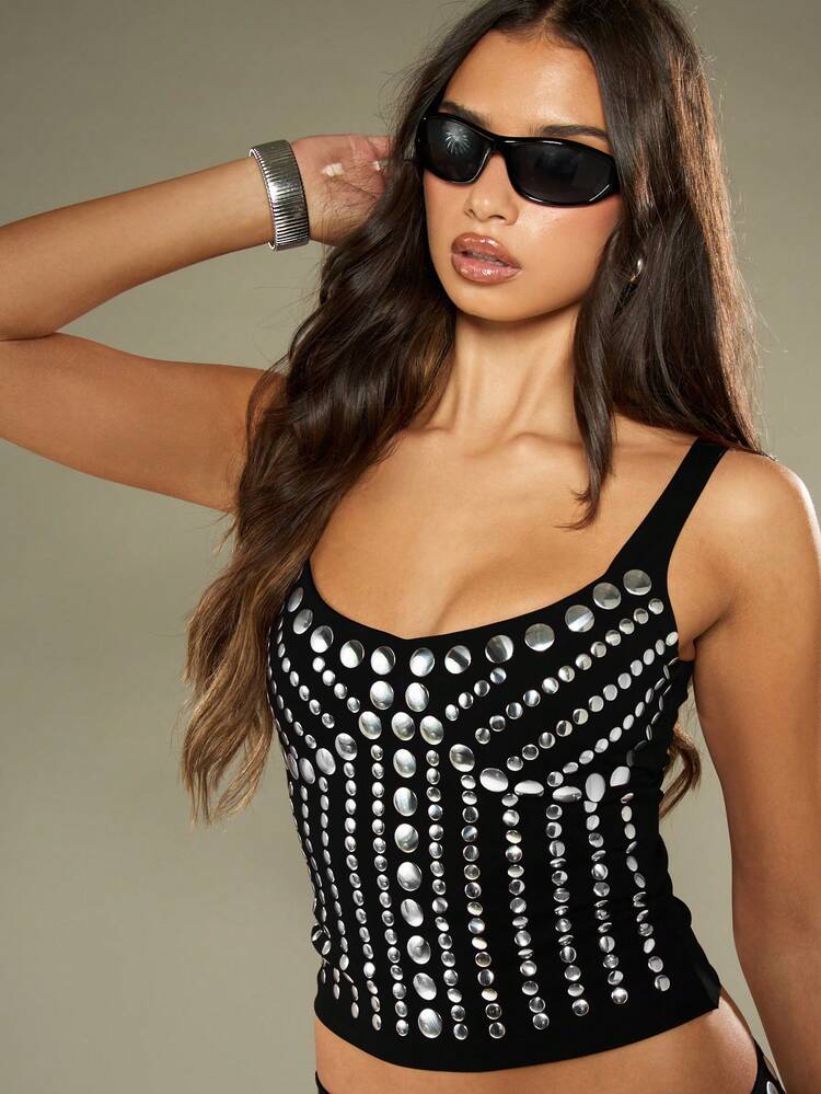MISSGUIDED Studded Embellished Cami Top And Micro Mini Skirt Co Ord Set Festival Party Club Wear Outfit With Silver Metal Studs