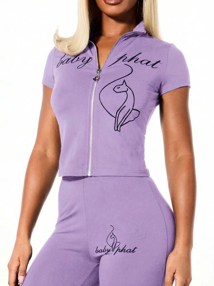 BABYPHAT Zip Up Short Sleeve High Neck Jersey Top With Graphic Print And Script Text