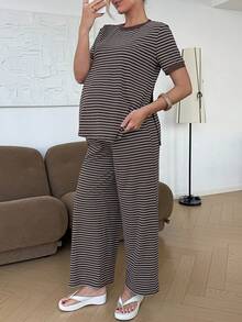 SHEIN 2pcs Maternity Striped Round Neck Short Sleeve Top And Pants Set - Brown - View 6