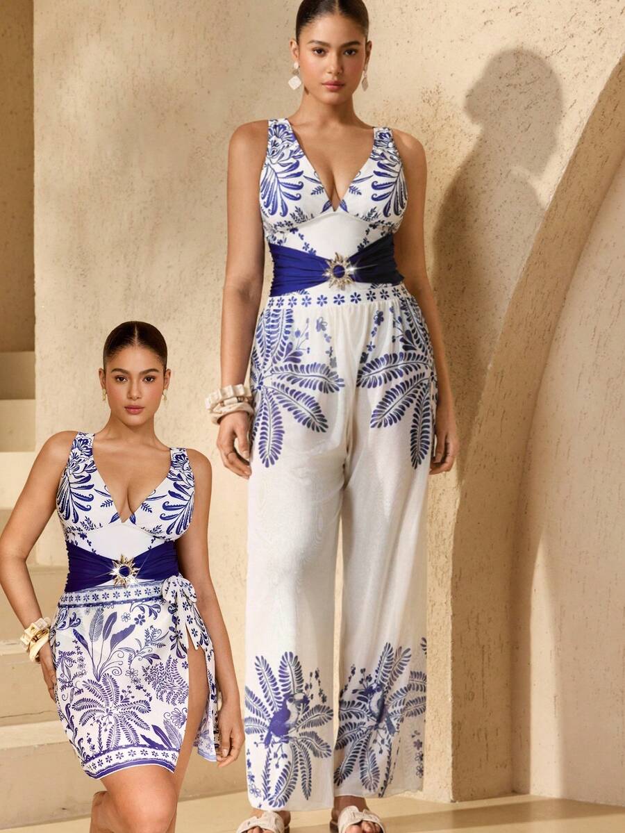 Swim Oasis Baju Renang Terusan Ukuran Besar dengan Motif Kontras Warna - MultiWarna - View 1