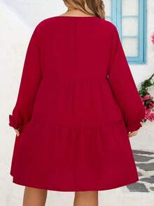 SHEIN CURVE+ Curve 加大码 US22 音乐节、海滨度假、波西米亚风 CURVE PLUS // 复古豹纹宽松圆领长袖连衣裙，适合秋冬季穿着 - 紅色 - 查看 2