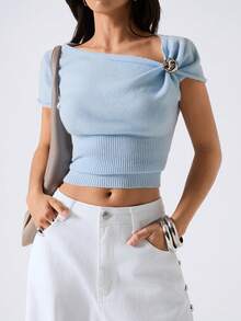 LYSMO 2026 New Arrive Minimalism Spring/Summer Women's Baby Blue Solid Color Short Sleeve Fitted Knit Top Summer Vacation Spring Breaks Summer For Women Beach Top Casual For Women Going Outs - Blue - View 5
