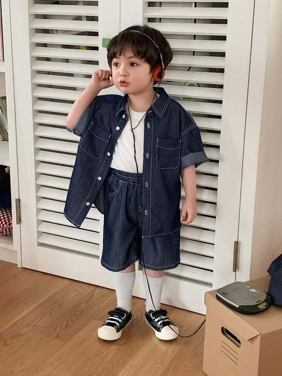 DAZY 2 piezas Conjunto de top con cuello y pantalones cortos de niño pequeño en denim lavado retro - Azul - Ver 1