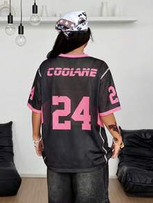 Coolane 女士春夏节日复古街头运动迷彩数字印花棒球衫T恤 - 黑色 - 查看 2