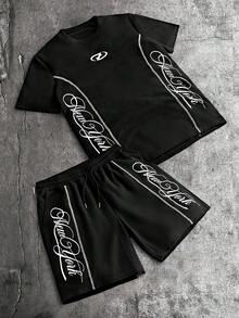 AXEPEAK Men's Casual Letter Print T-Shirt And Shorts Set, Summer - Black - View 1