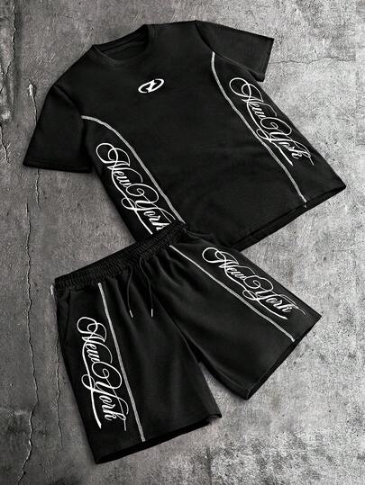 AXEPEAK Men's Casual Letter Print T-Shirt And Shorts Set, Summer