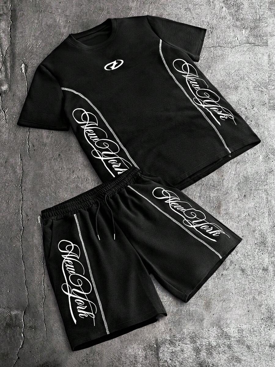 AXEPEAK Men's Casual Letter Print T-Shirt And Shorts Set, Summer - Black - View 1