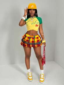 SHEIN BamGlam 2026春夏新款性感彩色格子双层褶皱迷你裙，A字廓形，高腰设计，层叠荷叶边，无腰拼接款式，女士迷你裙，性感魅力 - 彩色 - 查看 5