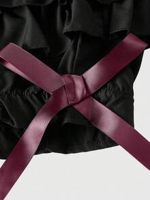 ROMWE Goth 夏季加大码女式哥特可爱三层荷叶边蝴蝶结装饰南瓜短裤 - 黑色 - 查看 5
