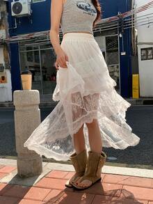 DAZY Women's Lace Patchwork Asymmetric Hem Skirt - Apricot - View 7