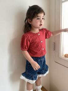 DAZY Baby Girls' Polka Dot Print Short Sleeve Ruffle Blouse, Summer New Arrival Cute Puff Sleeve Cardigan T-Shirt - Burgundy - View 6