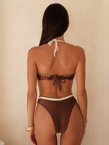 Swim Mod Summer Fashion Metallic Floral Print Bikini Set With Gold Accent - Coffee Brown - View 2
