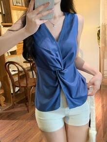 DAZY 女士V领扭结无袖牛仔衬衫，韩版，夏季 - 藍色 - 查看 3