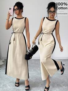 Siren Gaze Women's Contrast Trim Round Neck Twist Front Sleeveless Ankle Length Dress,Black And Beige,Summer,Elegant,Tea Party Casual Fashion Long - Multicolor - View 1